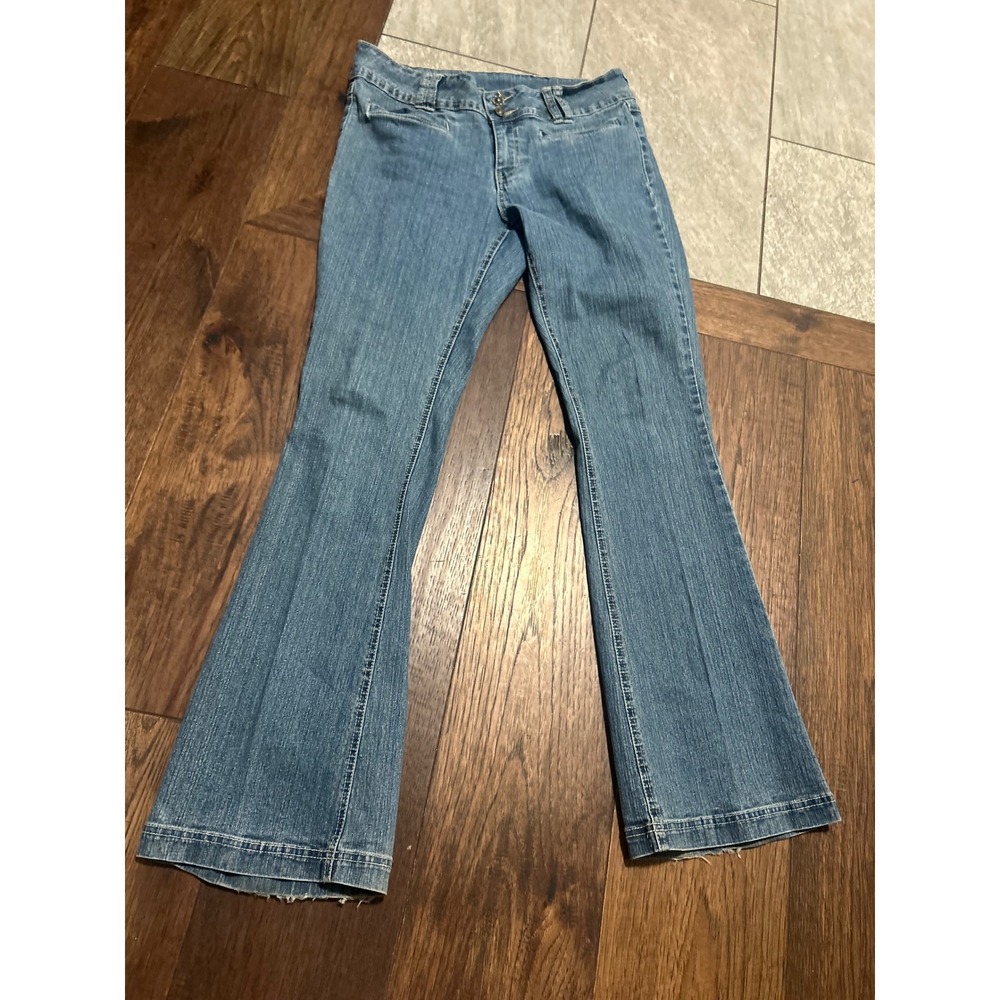 V.S.K. Jeans Women y2k Blue Flare Leg Double Button Raw Hem Denim Size 8